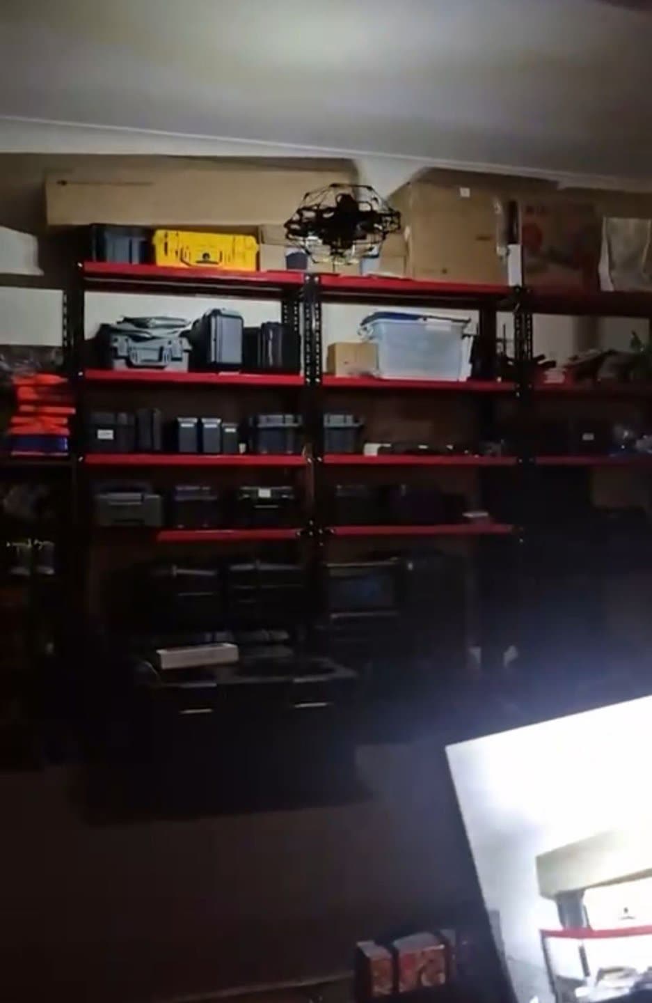 Skyline flying between warehouse racks